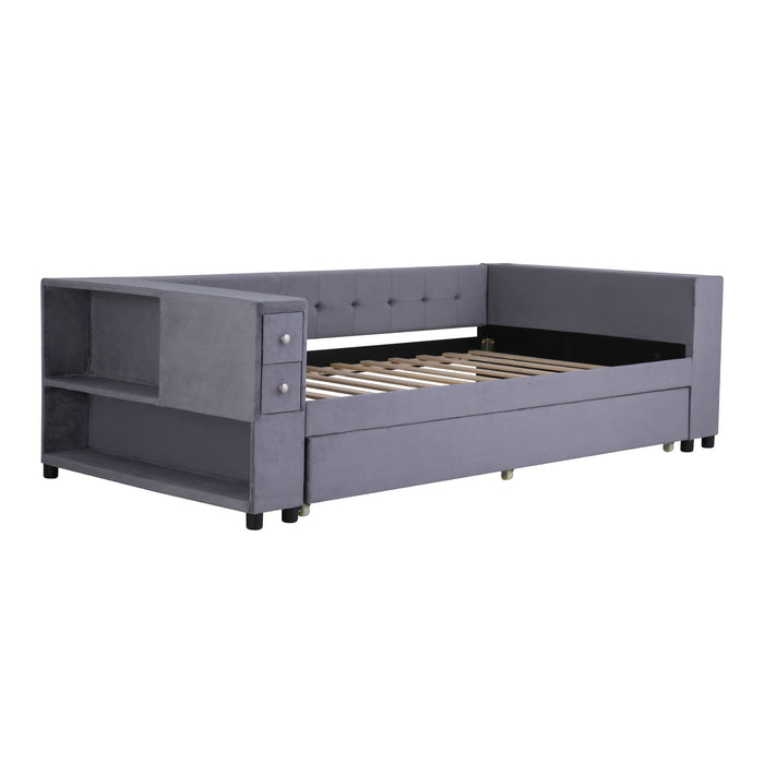 Upholstered Bed With Storage And Twin Trundle, USB Charging Ports
