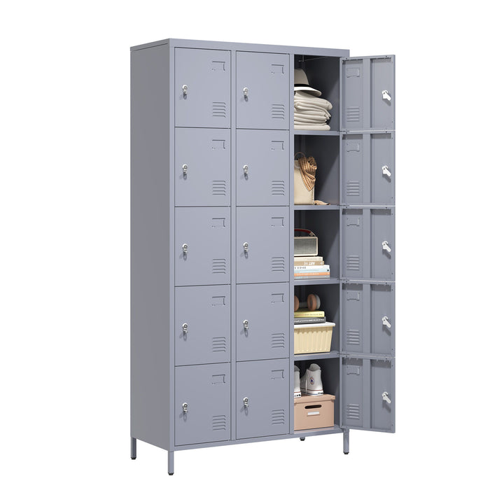 15 Door Lockers With Lock For Storage In Home, Gym, Office, And School - Gray
