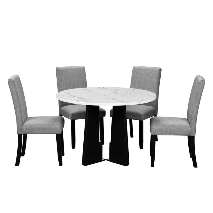 5 Piece Round Dining Table Set, Dining Table And 4 Upholstered Chairs For Dining Room, Kitchen Room, Living Room - White / Gray