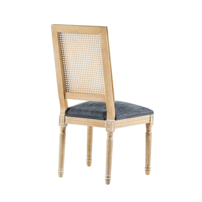 French Country Dining Chair With Rectangular Cane Backrest And Smooth Upholstered Seating