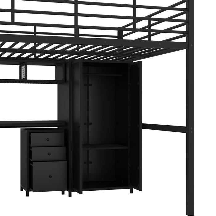 Full Size Loft Bed With Desk Set And Wardrobe - Black