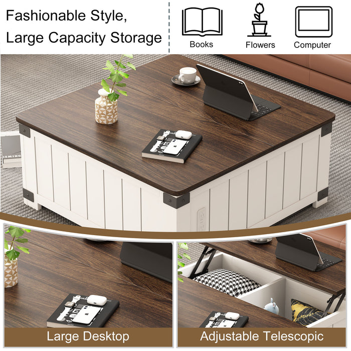 Farmhouse Style Lift Top Coffee Table With Storage And Charging Station - White Wood