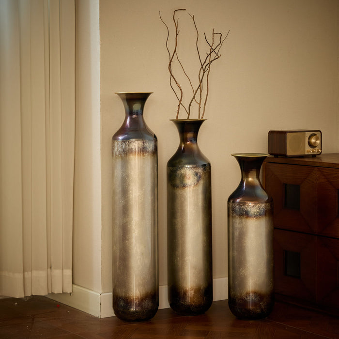 Modern Droplet Shaped Floor Vase Set, Glazed Metal Decorative Vases 3 Piece Home Accent For Living Room - Gold / White