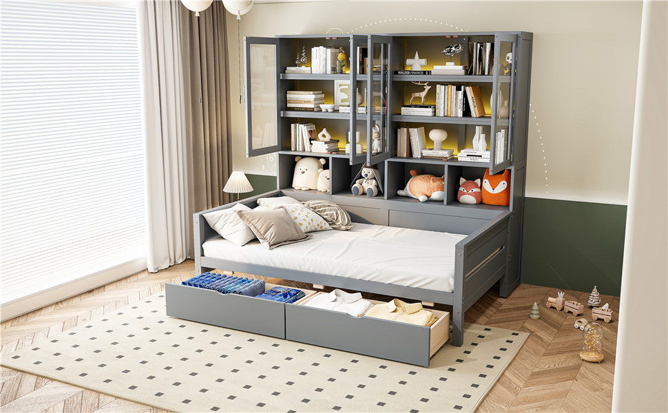 Daybed With Glass Door Storage Cabinets, Built In LED Lighting And Shelves