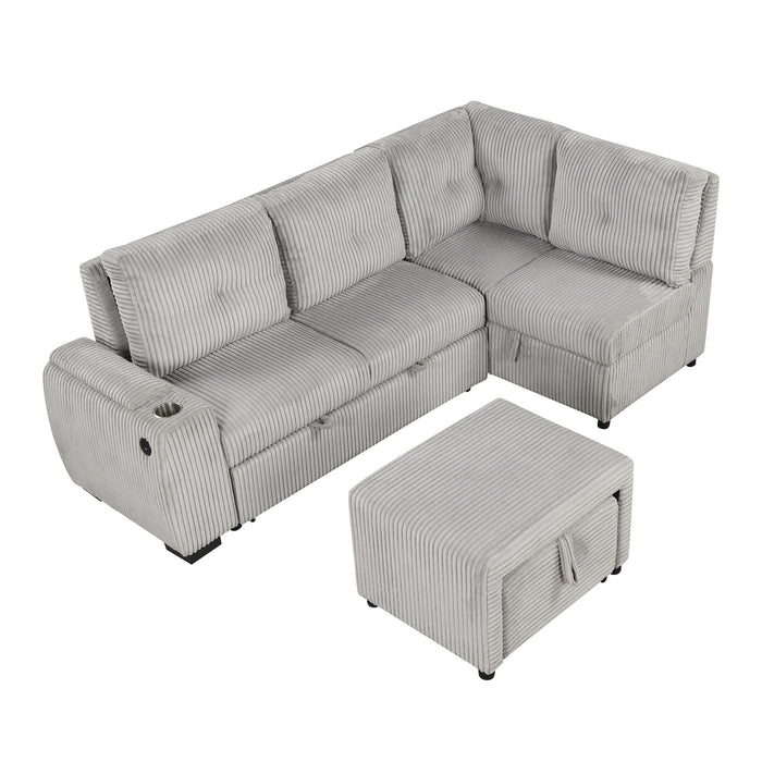 Pull-Out L-Shaped Sectional Sofa With Movable Ottoman And Stool, Large Storage Space, A Cup Holder, And 2 USB Ports For Living Room