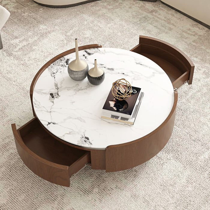 Round Coffee Table With Ball Feet, Dual Storage Drawers For Living Room - Walnut Brown