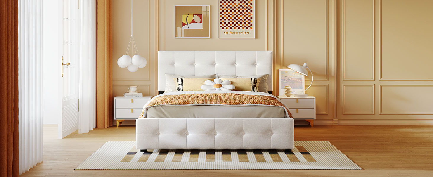 Upholstered Platform Bed With Classic Headboard And Drawers, No Box Spring Needed
