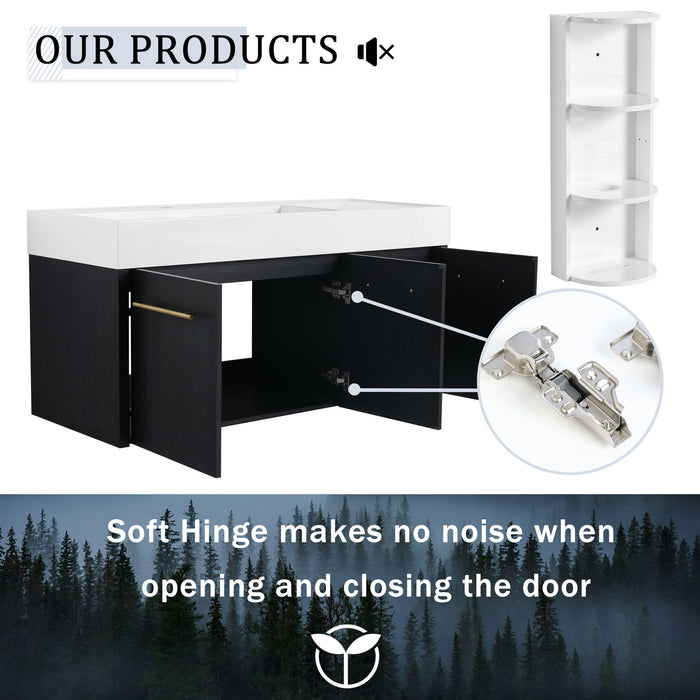 Modern Chestnut Wall Mounted Bathroom Vanity With Left Resin Sink And Storage Rack - Black Chestnut