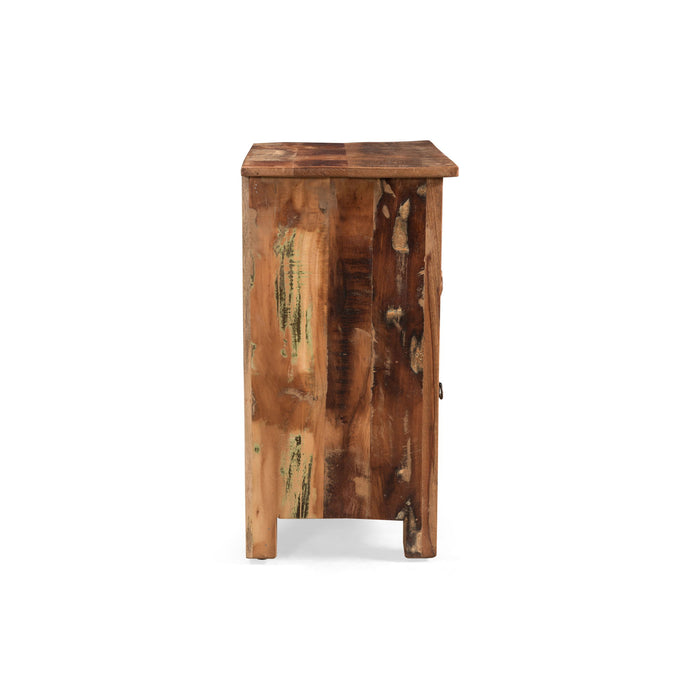 Recycled Wood Side Table With Drawer And Door - Natural
