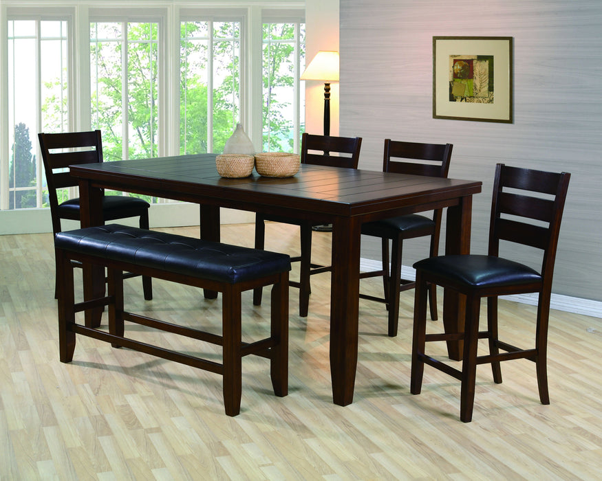 Contemporary 6 Pieces Counter Height Dining Set 18" Extendable Leaf Table Espresso Finish PU Fabric Upholstered Chair Bench Seats Wooden Solid Wood Dining Room Wooden Furniture