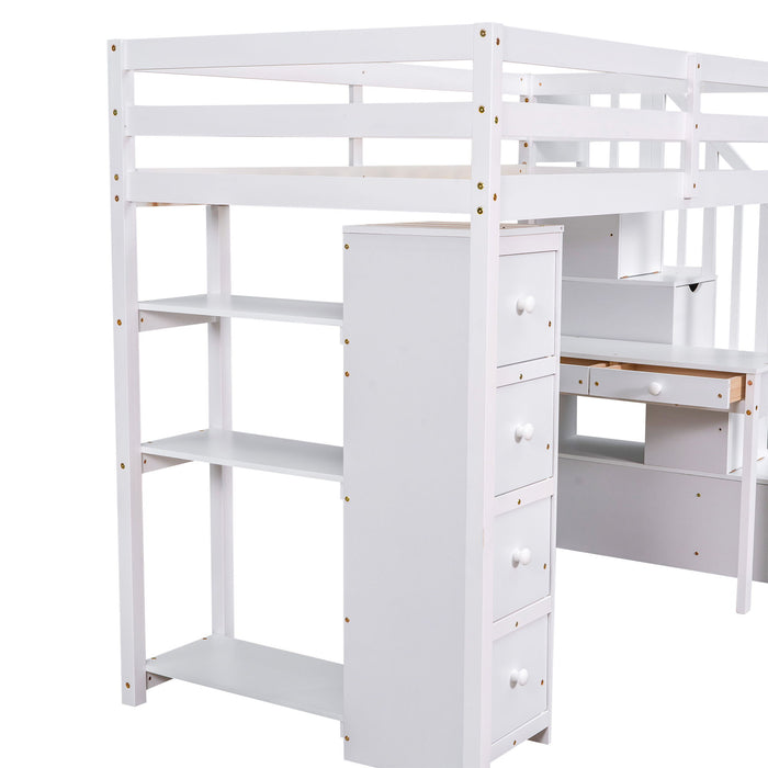 Loft Bed With Storage Drawers, Desk And Stairs With Shelves