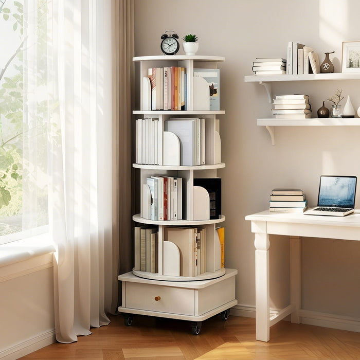 Rotating Bookshelf With Wheels And Drawer, 360° Spinning Design, Space Saving Storage