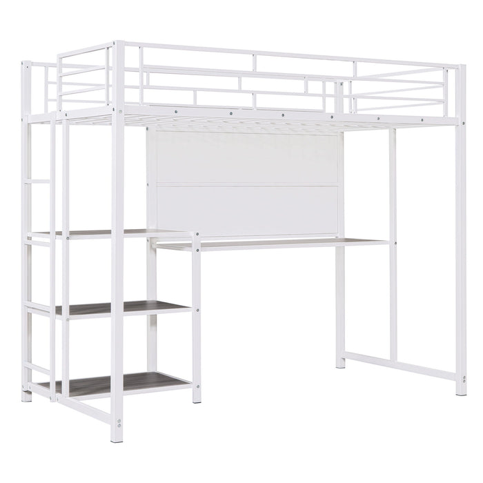 Metal Loft Bed With Desk, 3 Shelves And Ladder