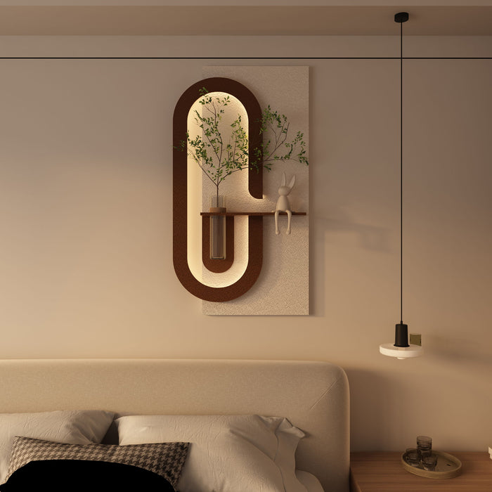 Adjustable LED Sandstone Wall Decor With Simulated Plants 3D Art Sculpture, Glass Vase & Rabbit Statue, Remote Control - Light Coffee