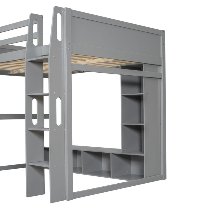 Full Size Gaming Loft Bed With Desk, Multi Storage Shelves, LED Lighting, And Hanging Clothes Rack - Gray