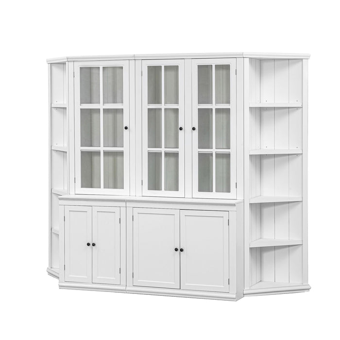 Retro Style Wall Suit With Glass Doors, 75.25" Tall Display Cabinets & Triangle Sided Bookshelves - White