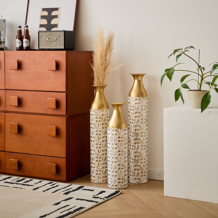 Mother's Day Gift Set Gilded White 3D Relief Flower Metal Vase Set - White / Gold