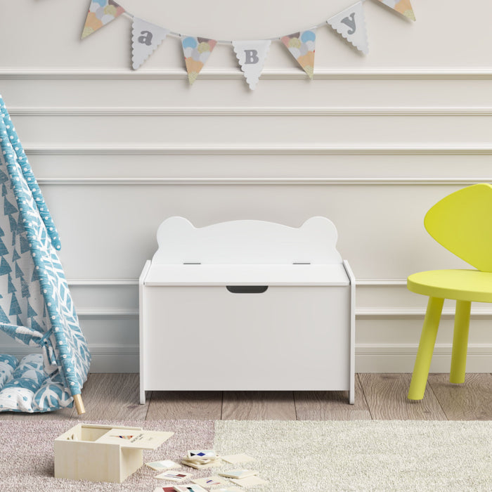 Toy Box With Bear Headboard, Organizer Storage Chest - White