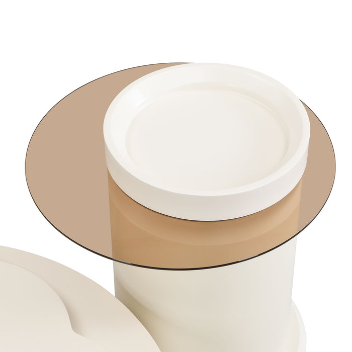 Modern Round Coffee Table (Set of 2), 360 Degree Rotatable Flower Shaped Top With 2 Drawers, Top Circle Side Table End Table With Glass For Living Room - Off White