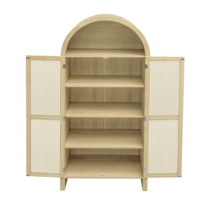 Tall Arched Kitchen Pantry, Arched Storage Display Cabinet With 2 Drawers & Adjustable Shelves, Rattan Door Versatile Storage Cabinet For Kitchen, Dining Room - Natural