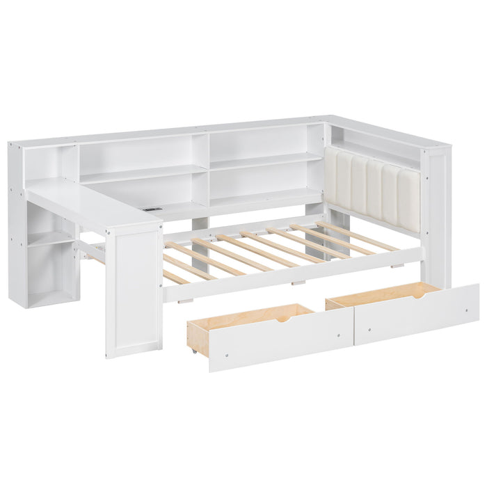 Platform Bed With Upholstered Headboard, Storage Shelves, Drawers, Charging Station, LED Lighting, Built In Desk