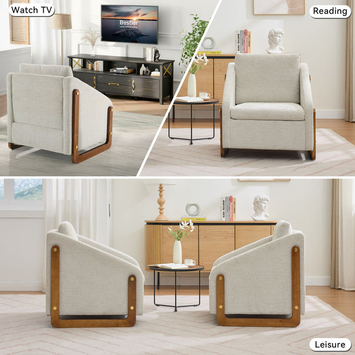 Modern Chenille Upholstered Armchair With Wooden Side Frame