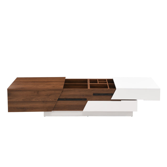Extendable Sliding Top Coffee Table With Storage, Rectangle Shape - White / Walnut