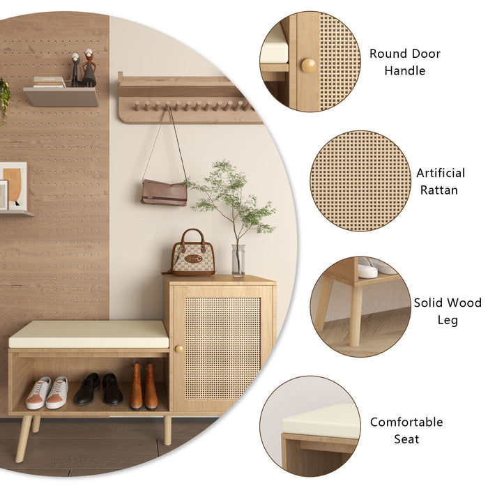 2 In 1 Shoe Storage Bench With Adjustable Shelves - Antique Natural / Rattan