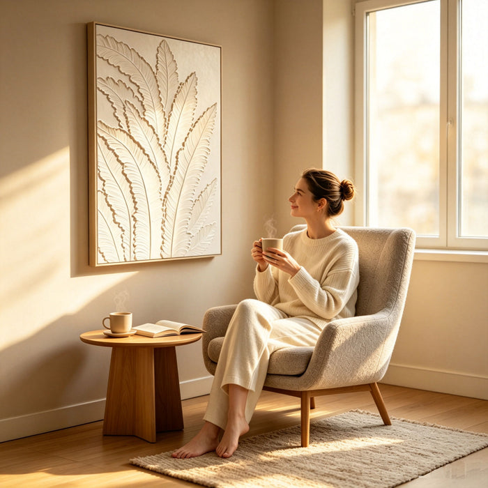 Framed Botanical Leaf Wall Art, Thick Textured Canvas Painting, Neutral Decor For Living Room - White