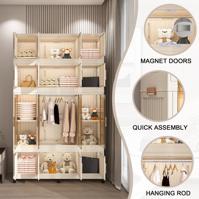 Portable Wardrobe Closet Storage Organizer With 17 Magnetic Doors, 17 Cubes, Hanging Rod & 6 Hangers - Creamy White