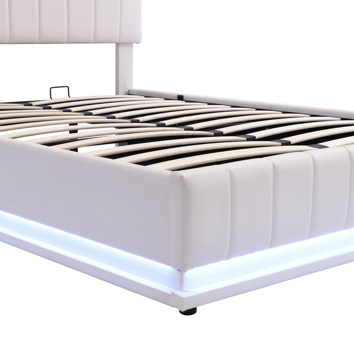 Upholstered Bed With Hydraulic Storage System And LED Light, With Sockets And USB Ports