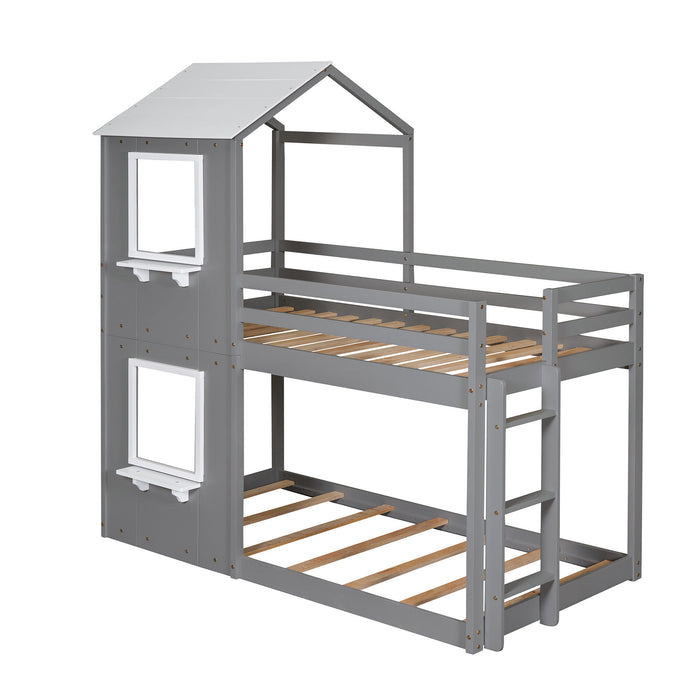 Bunk Bed Wood Bed & Roof, Window, Guardrail, Ladder