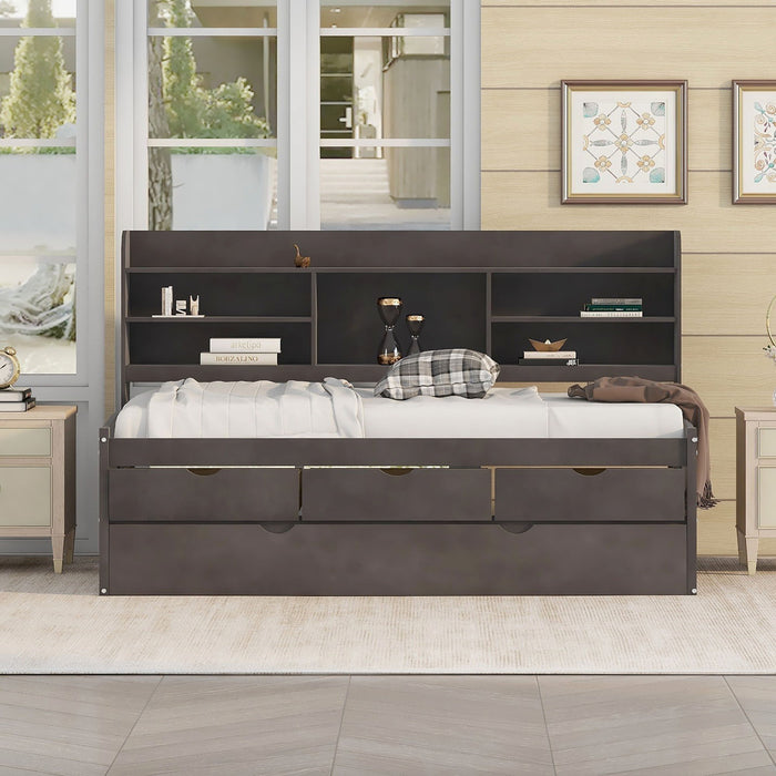 Captain Bed With Built In Bookshelves, 3 Storage Drawers, And Trundle