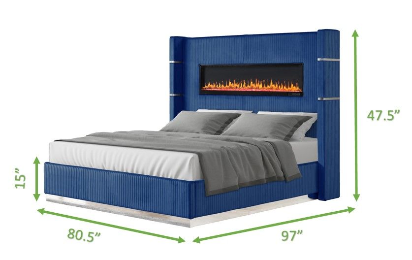 Lizelle Upholstery Wooden King 4 Pieces Bedroom Set With Ambient Lighting In Blue Velvet Finish