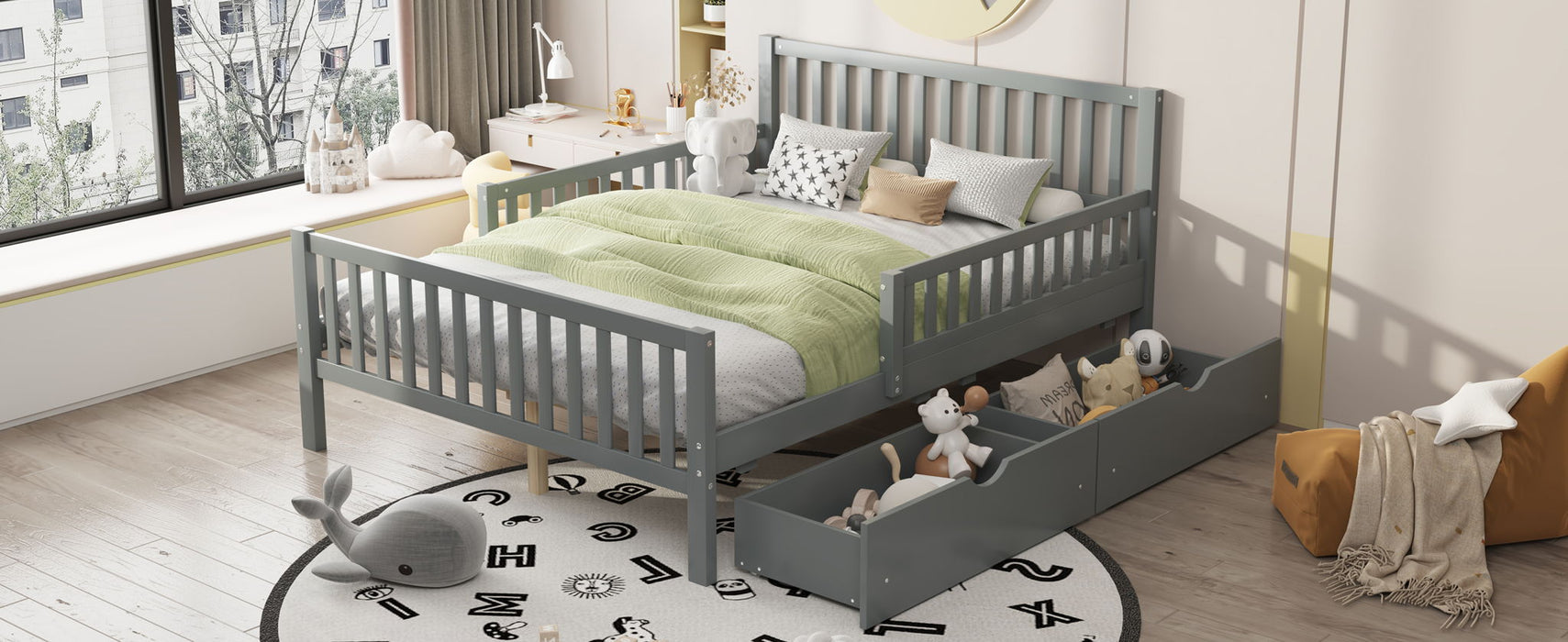 Platform Bed With Guardrails On Both Sides And 2 Storage Drawers