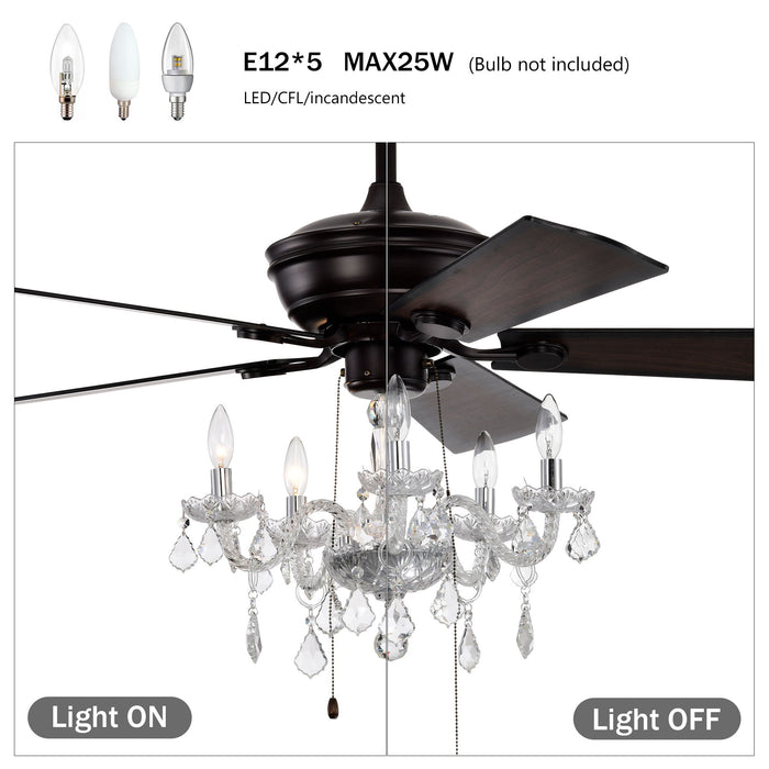 52" Crystal Shade Ceiling Fan Lamp, 3 Speed, 4 Timing, 5 Reversible Blades Crystal Ceiling Fan, 5 Pieces X E12 (No Include Bulb), Hand Pull Chain - Matte Black