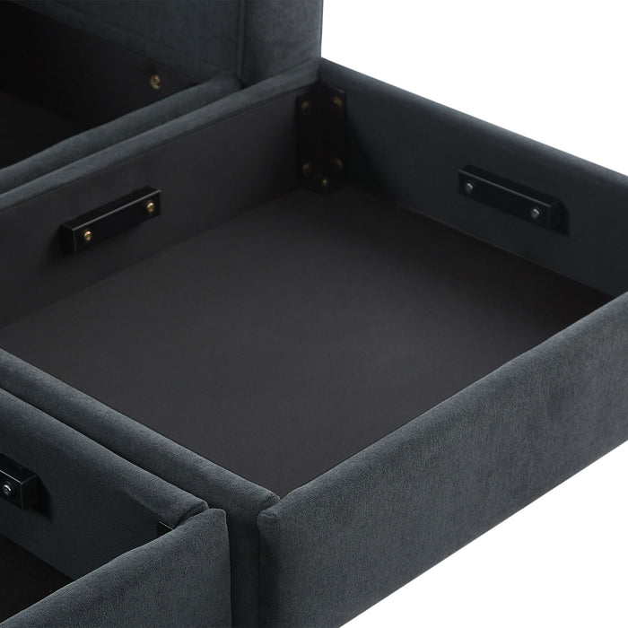 Upholstered L Shaped Sectional Sofa With Storage, Movable Ottoman, And 6 Throw Pillows