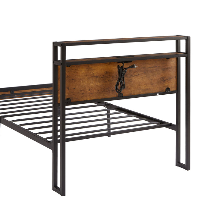 Metal Platform Bed Frame With Wooden Headboard And Footboard With USB Liner, No Box Spring Needed, Under Bed Storage