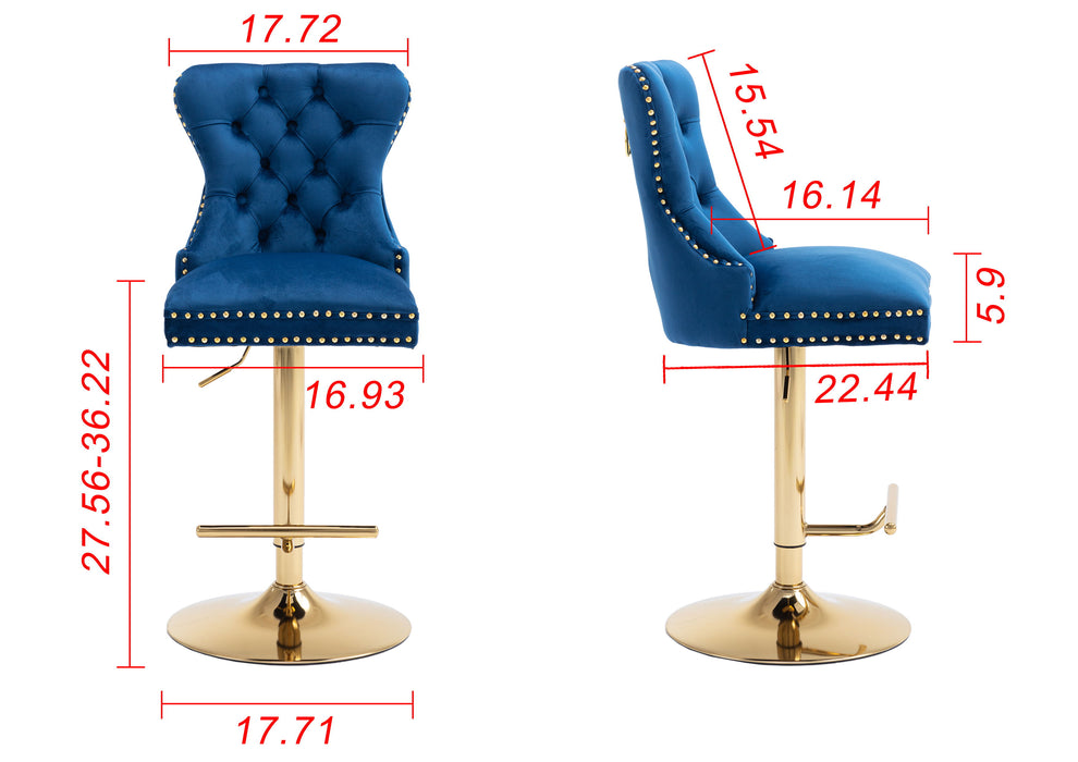 Swivel Bar Stools Chair (Set of 2) Modern Adjustable Counter Height Bar Stools, Velvet Upholstered Stool With Tufted High Back & Ring Pull For Kitchen, Chrome Golden Base - Blue