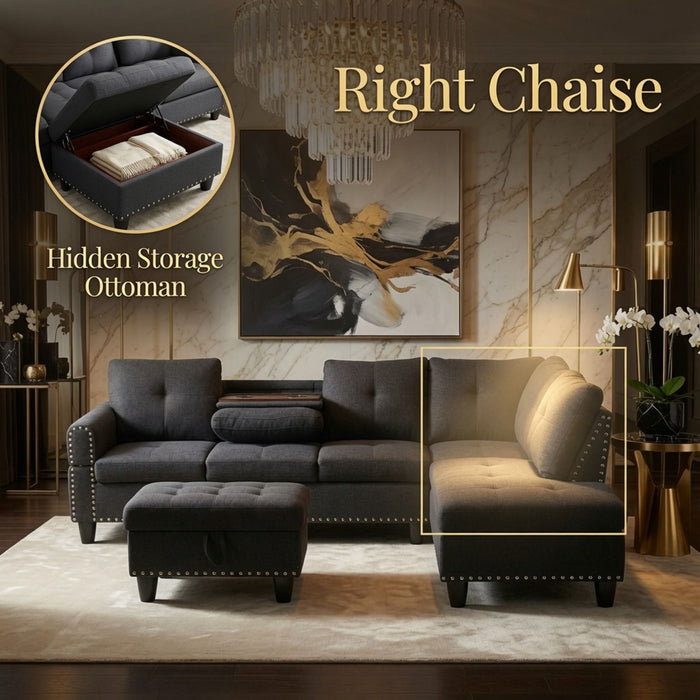 L - Shaped 3 Piece Sectional Sofa With Chaise, Storage Ottoman & Cup Holders