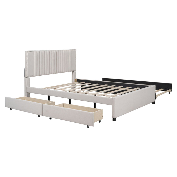 Upholstered Platform Bed With Drawers, Classic Headboard Design