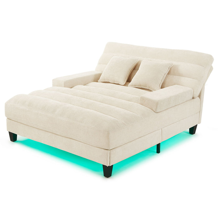 Chaise Bed Lounge Sofa Chair With Adjustable Backrest And LED Light Strip - Beige