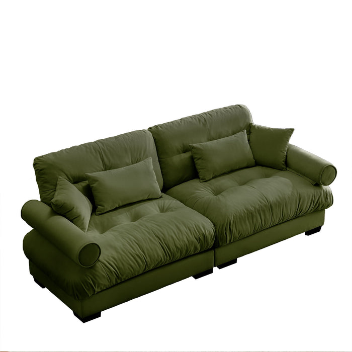Modern Velvet Sofa With Bolstered Armrests And Pillows