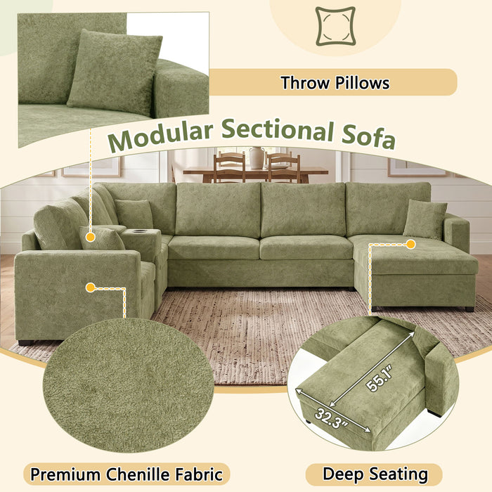 Modular 5 Seat U-Shape Sectional Sofa With Chaise Lounge, Built In Cup Holders And Storage Drawer