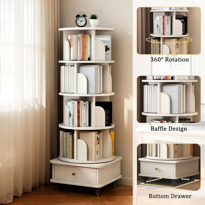 Rotating Bookshelf With Wheels And Drawer, 360° Spinning Design, Space Saving Storage