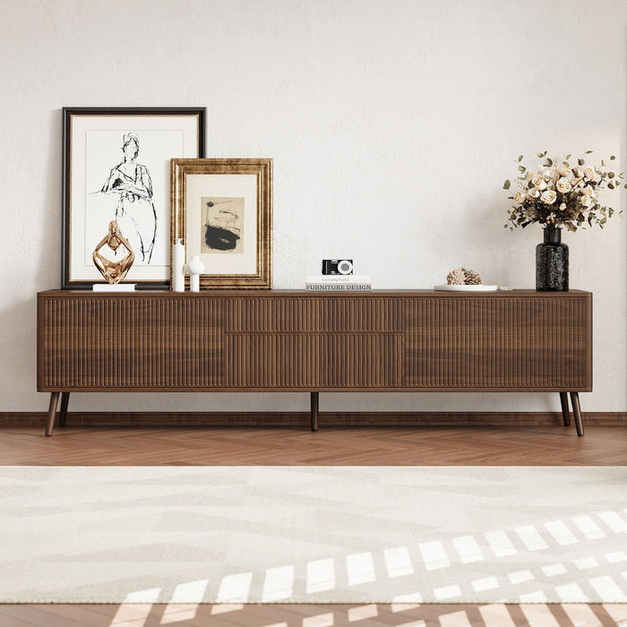 Fluted TV Stand With Storage Drawers And Cabinets For TVs Up To 80", Soft-Close Hinges, Cable Management - Walnut