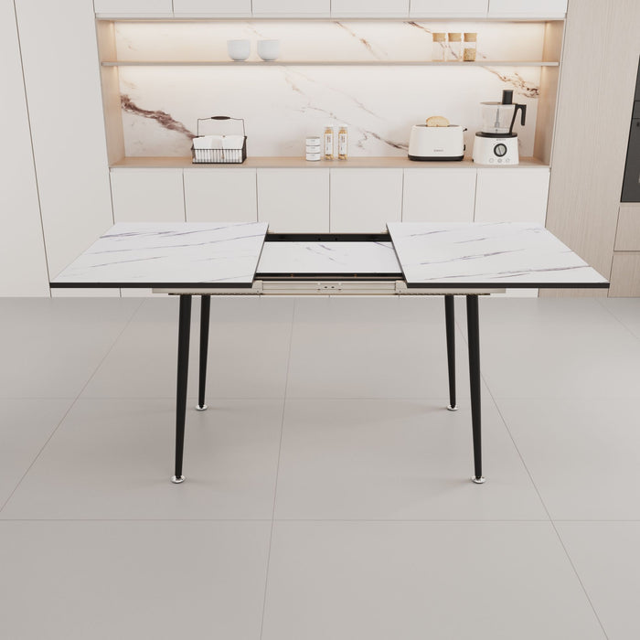 Modern Industrial Expandable Dining Table 47" To With Marble Pattern Top And Metal Legs - White