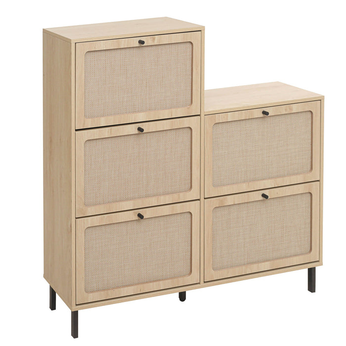 Modern Rattan 5 Door Shoe Storage Cabinet For Entryway Freestanding Design - Natural