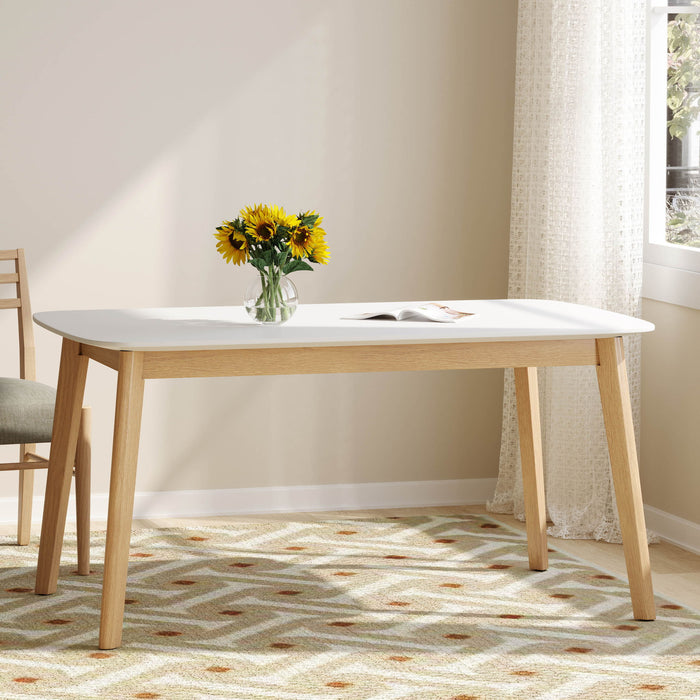 Dining Table With Splayed Rubberwood Legs & Faux Wood Tabletop, Mid Century Modern - White Oak