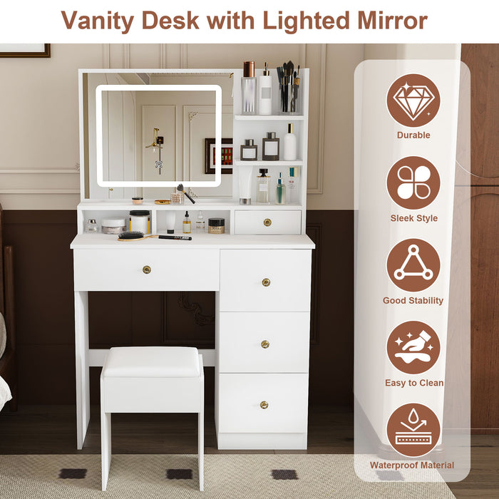 Vanity Desk With Mirror, 3 Color Lighting And Stool